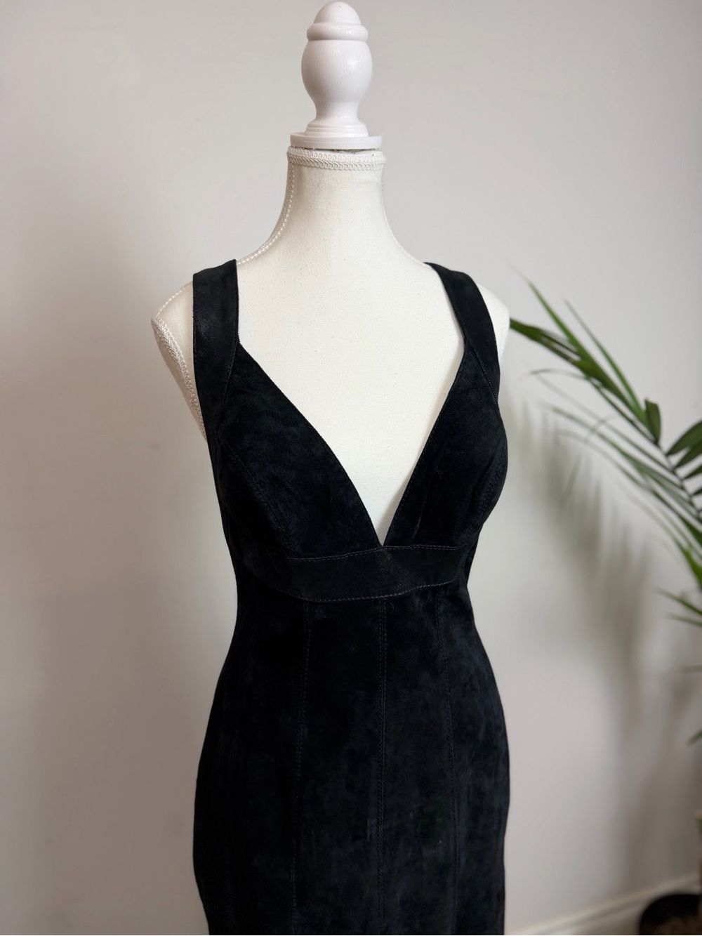 Danier Black Genuine Suede Leather Plunge Cross Back Midi Dress - Picture 3 of 15